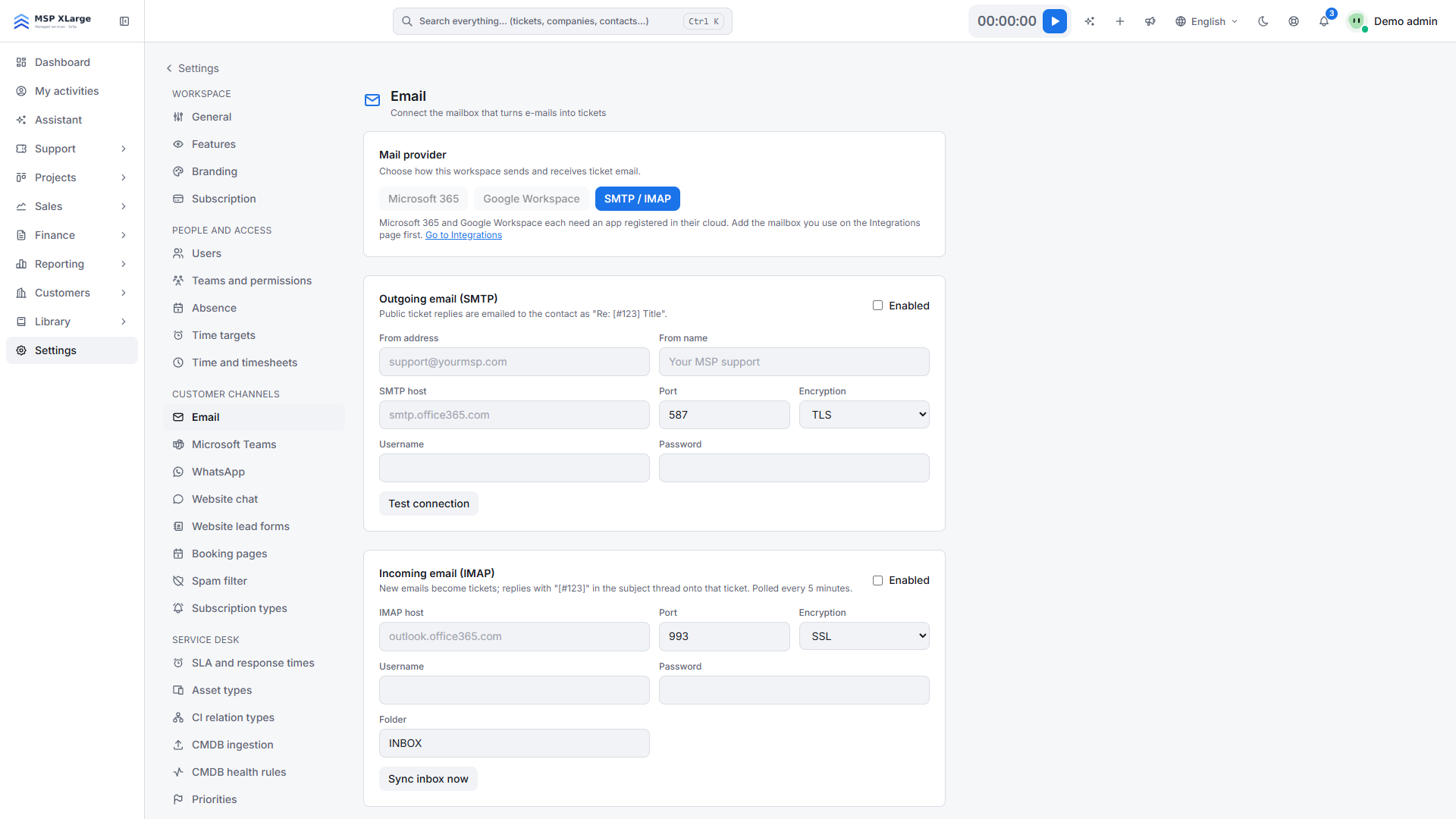 Email settings in Xcellerate OPS: mail provider choice, outgoing SMTP and incoming IMAP
