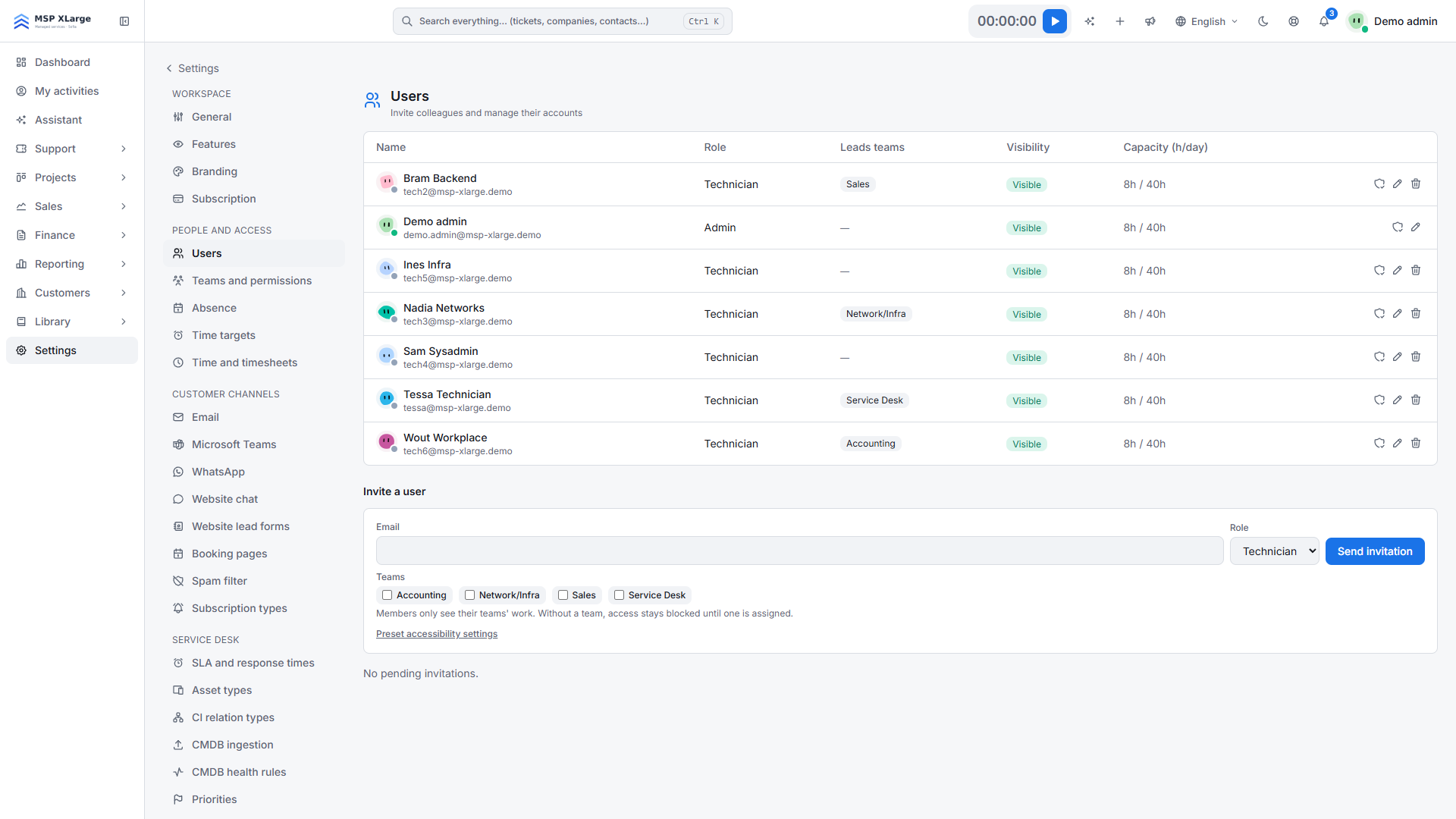 Users list with role, teams and capacity in Xcellerate OPS