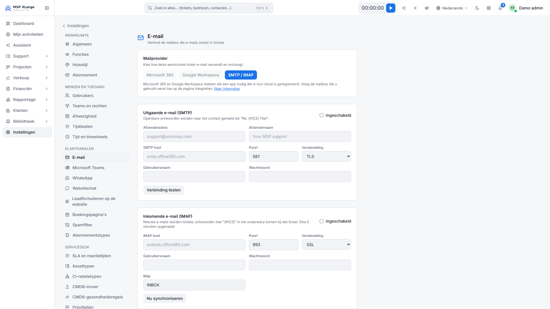 E-mailinstellingen in Xcellerate OPS: keuze van mailprovider, uitgaande SMTP en inkomende IMAP