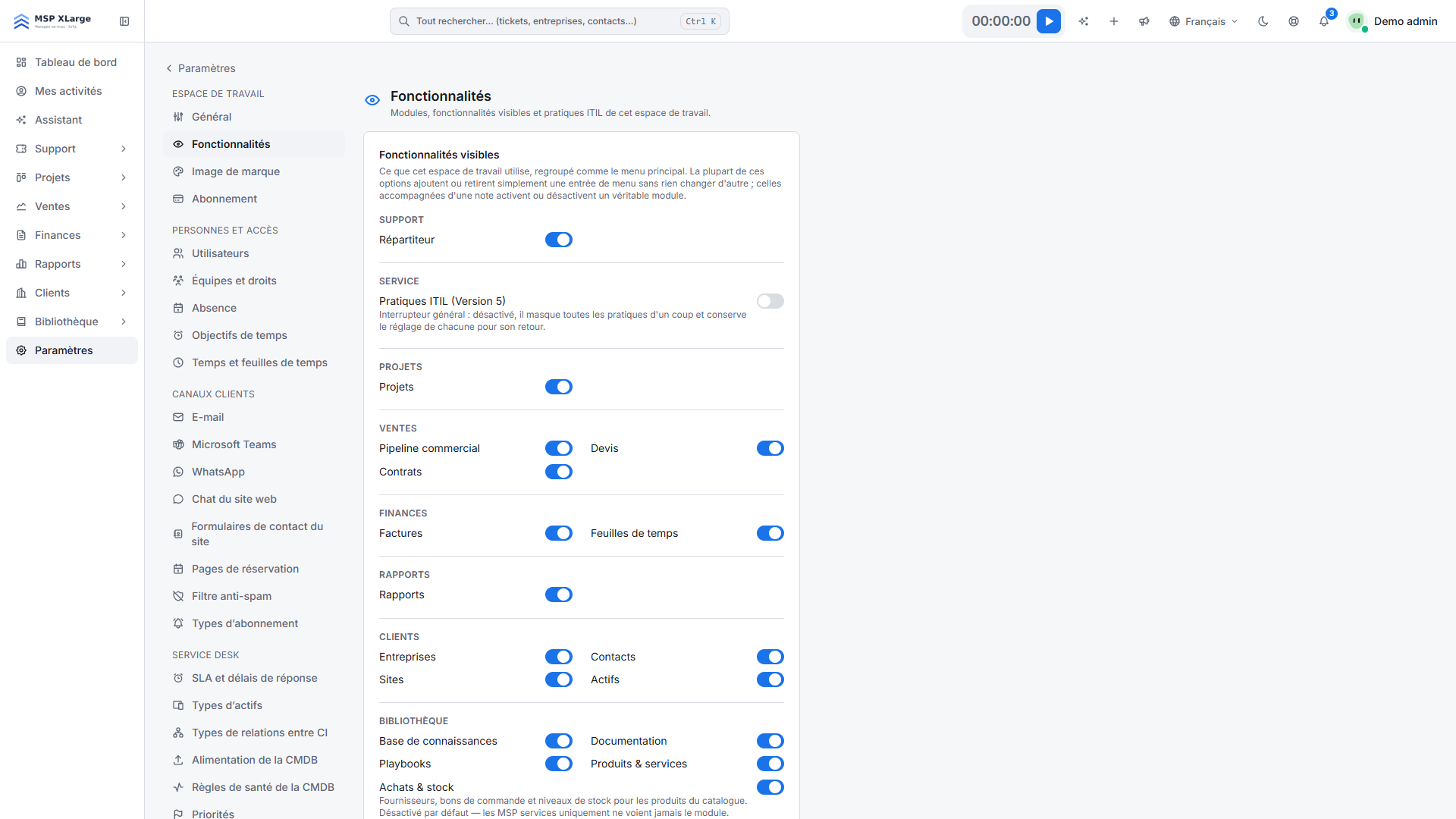 Page des fonctionnalités avec les interrupteurs par module
