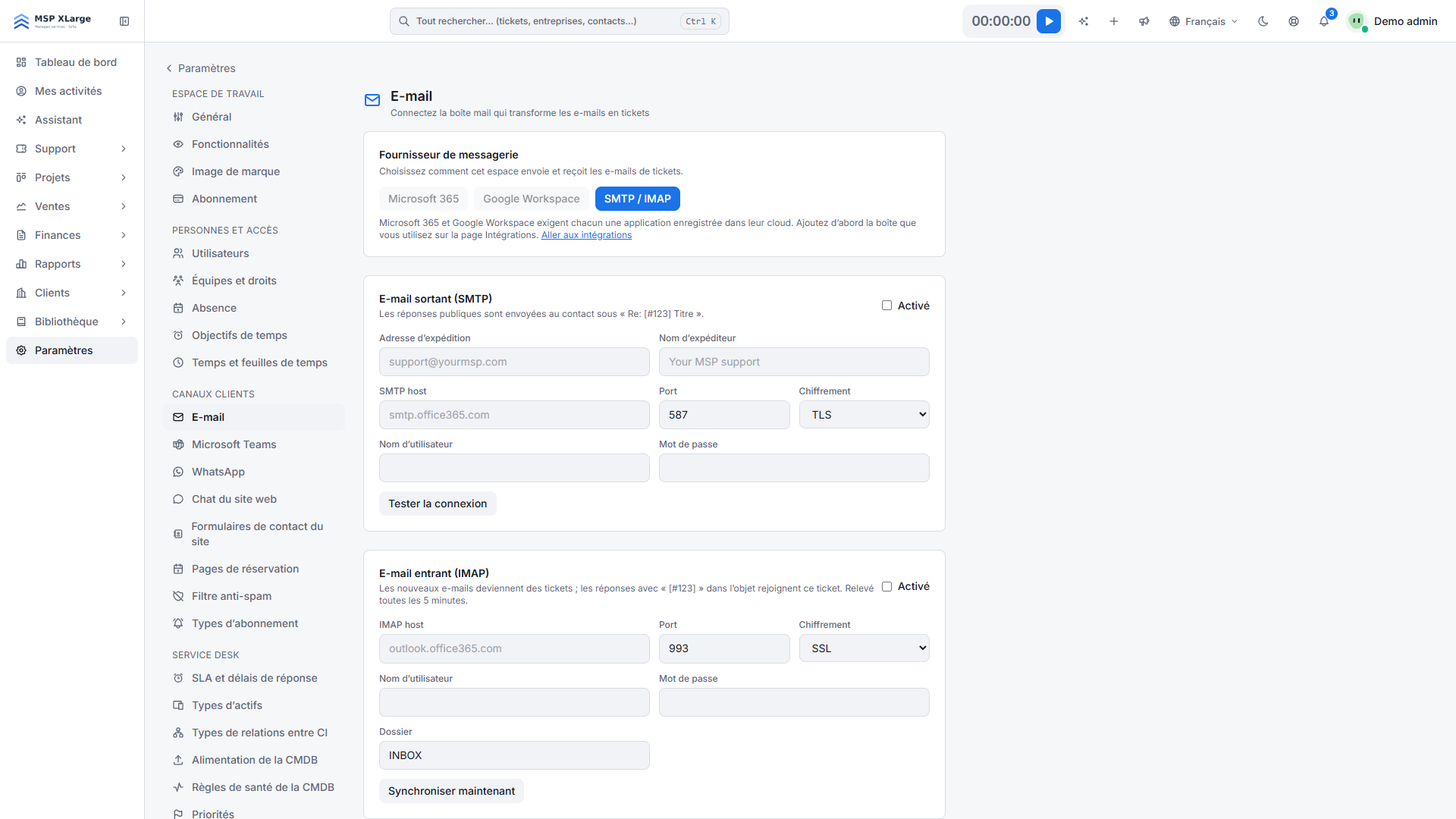 Paramètres e-mail de Xcellerate OPS : choix du fournisseur, SMTP sortant et IMAP entrant