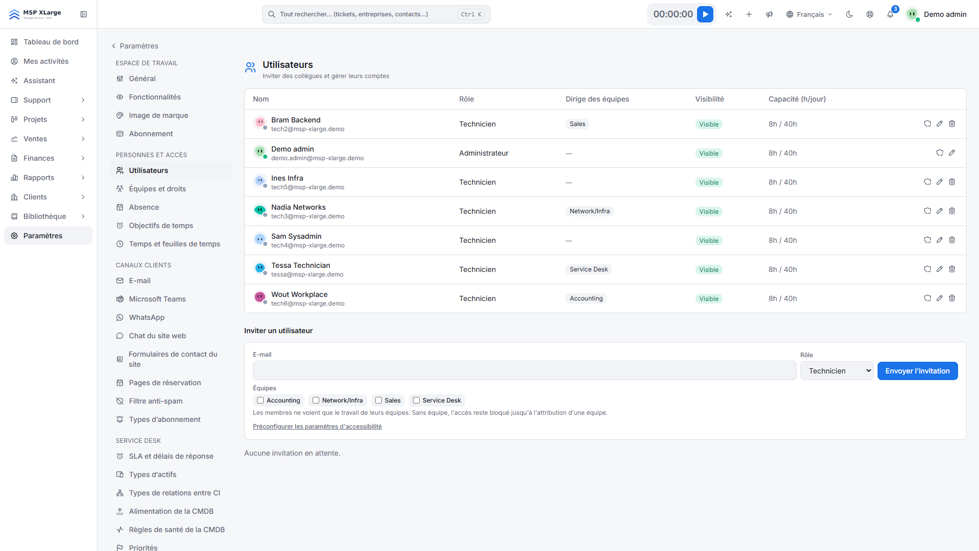 Liste des utilisateurs avec rôle, équipes et capacité dans Xcellerate OPS