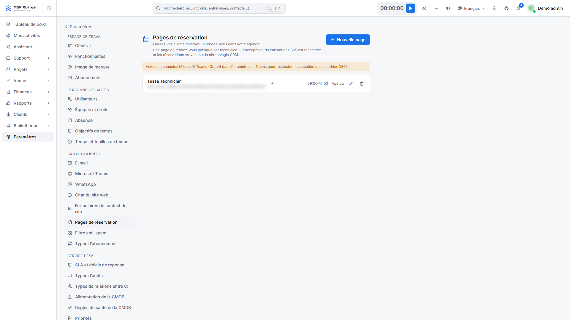 Pages de réservation personnelles par technicien dans Xcellerate OPS