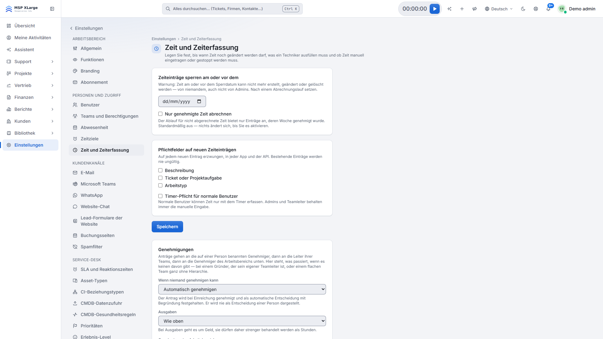 Einstellungen für Zeit und Stundenzettel in Xcellerate OPS: Sperrdatum, nur freigegebene Zeit abrechnen, Pflichtfelder, nur Timer für normale Nutzer und Freigabe-Routing