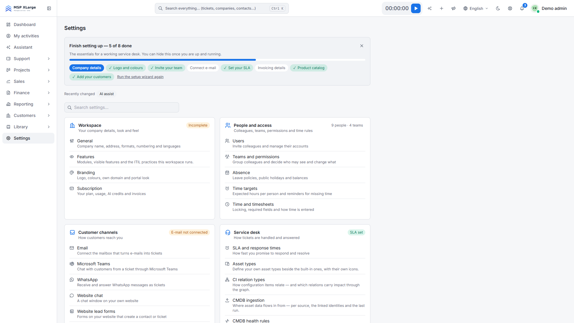 Settings landing page with the Finish setting up checklist and the settings areas