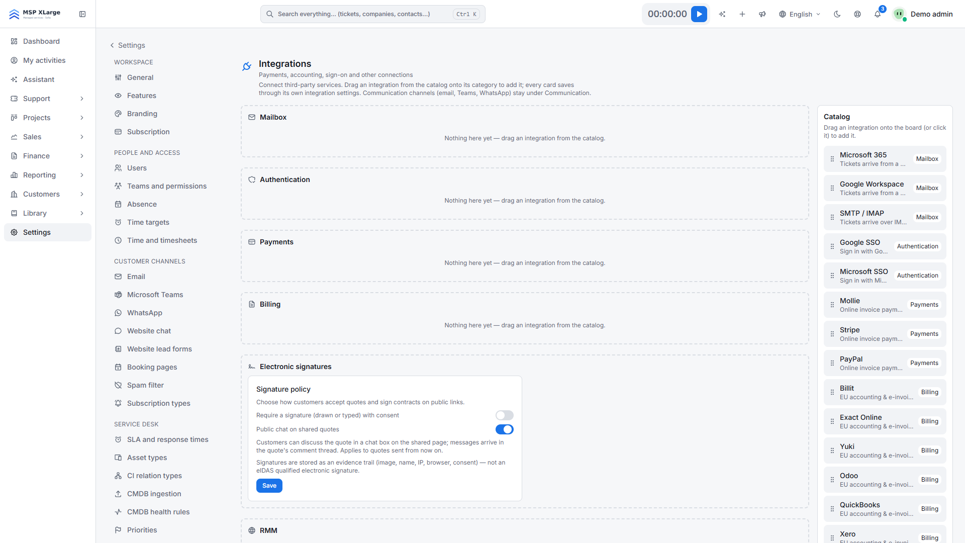 Settings, Integrations board with integration cards grouped by category and the catalog