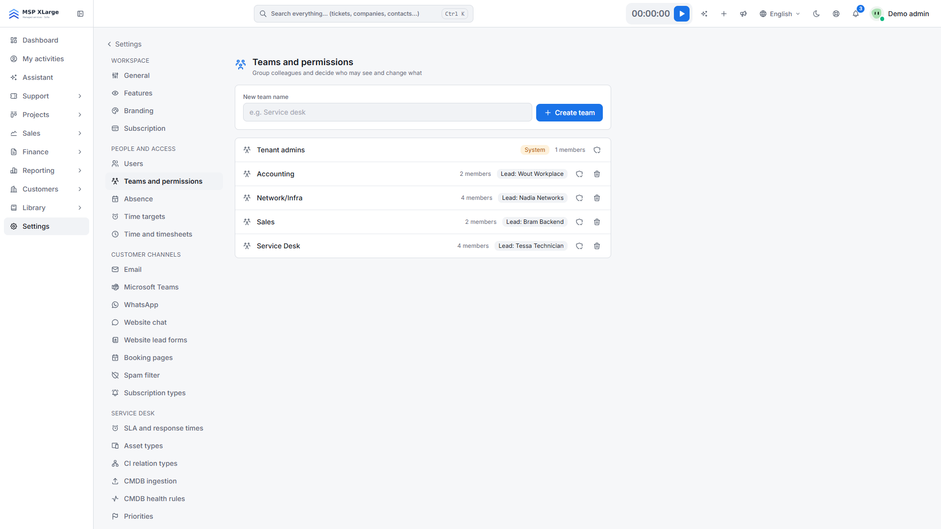 Settings, Teams and permissions page with the team list, members and team leads