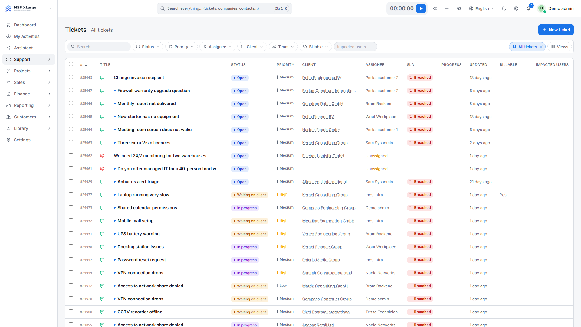 Ticket list with status, priority, customer, assignee and SLA badges