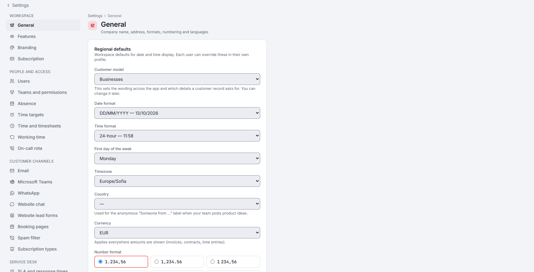 Settings, General page with customer model, date and time format, first day of the week, time zone, currency and number format