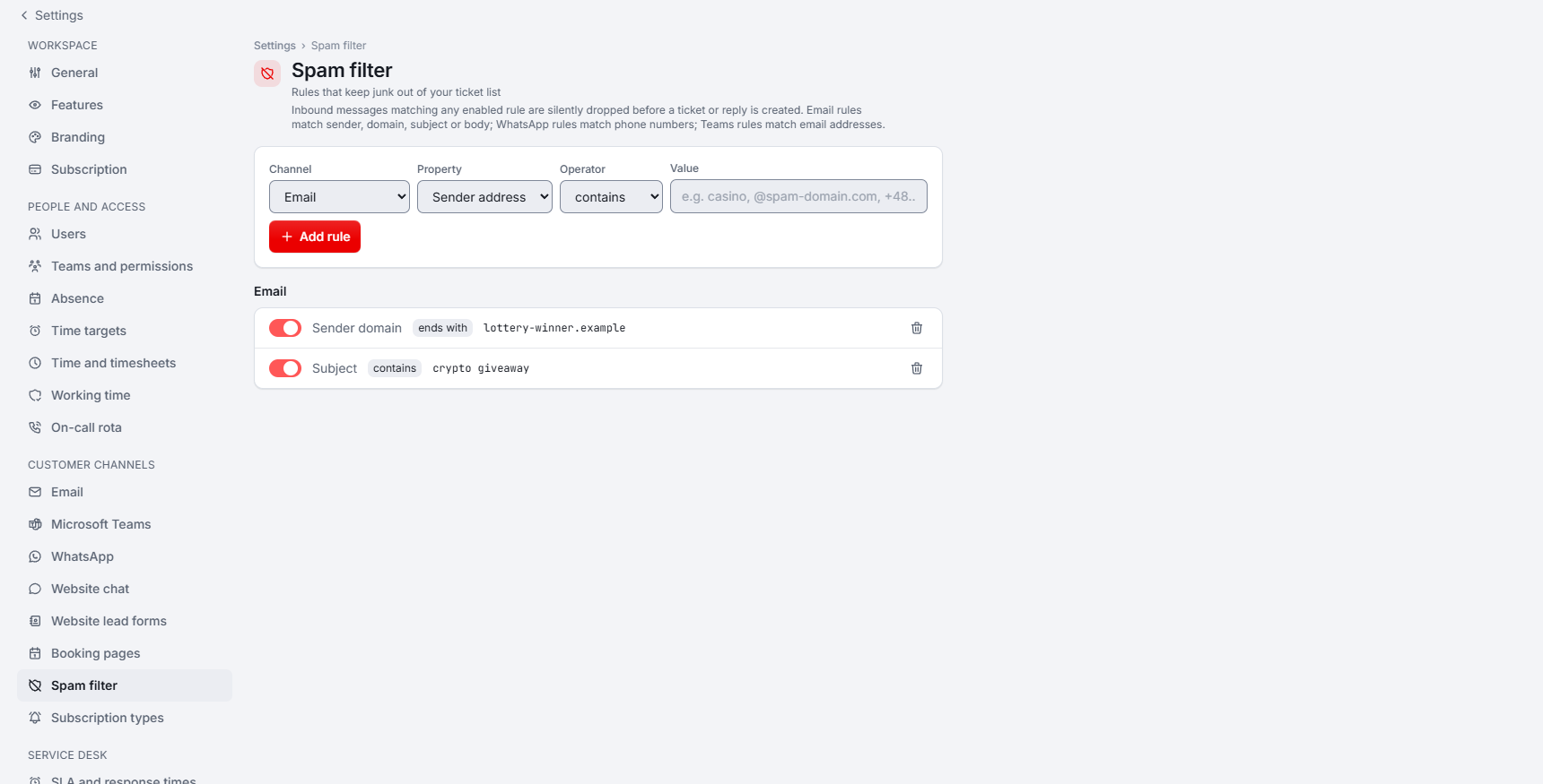 Settings, Spam filter page with the rule form (channel, property, operator, value) and two e-mail rules