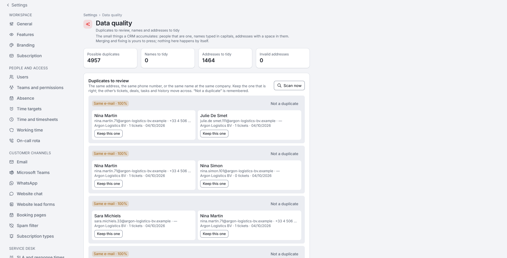 Settings, Data quality page with counters and possible duplicates to review, each with Keep this one and Not a duplicate