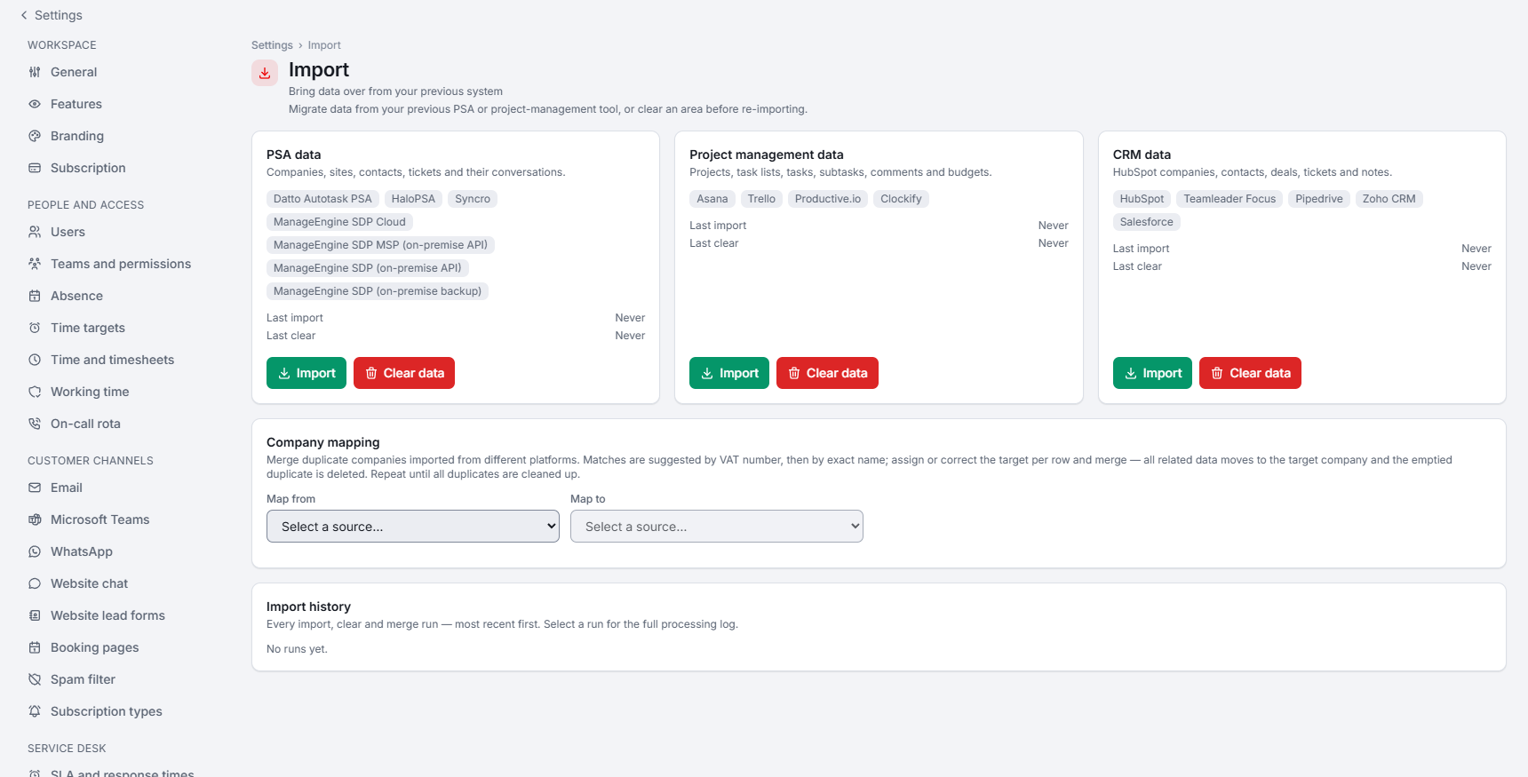 Settings, Import page with the PSA data, Project management data and CRM data cards, company mapping and import history