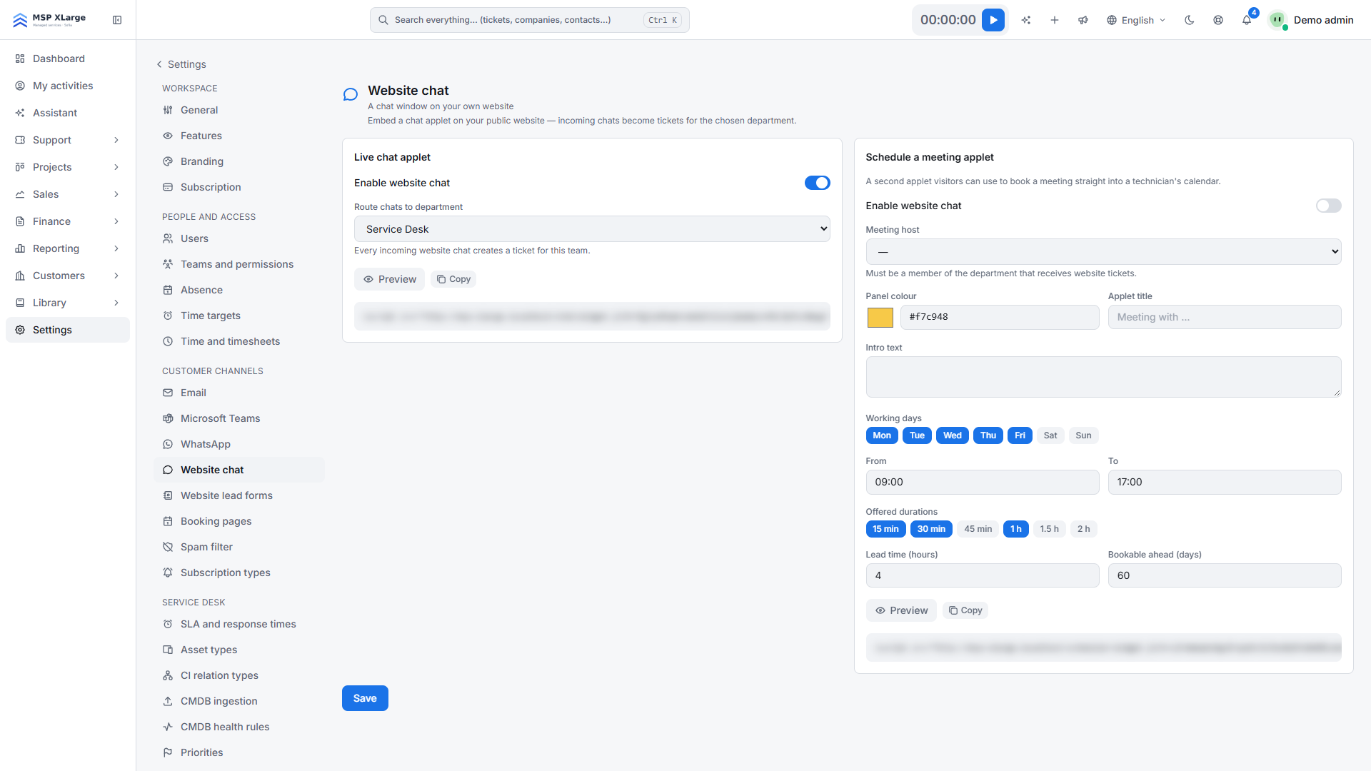 Settings, Website chat page with the live chat and Schedule a meeting applet settings, embed code blurred