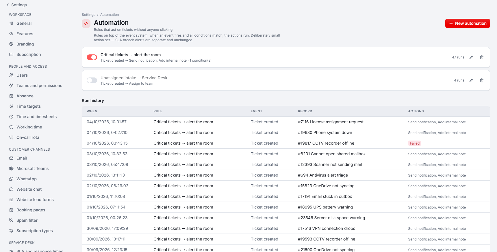 Settings, Seite Automation mit zwei Regeln und dem Ausführungsverlauf (englische Oberfläche)